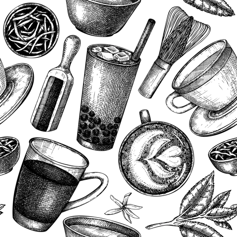 Hand-sketched tea drinks and ingredients seamless pattern. Vector backdrop with hot beverage cups, dried leaves, jasmine blossoms sketches. Popular tea background for cafe or restaurant menu design